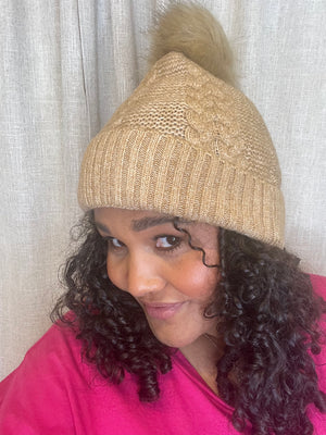 Crochet Knit Pompom Beanie - Camel