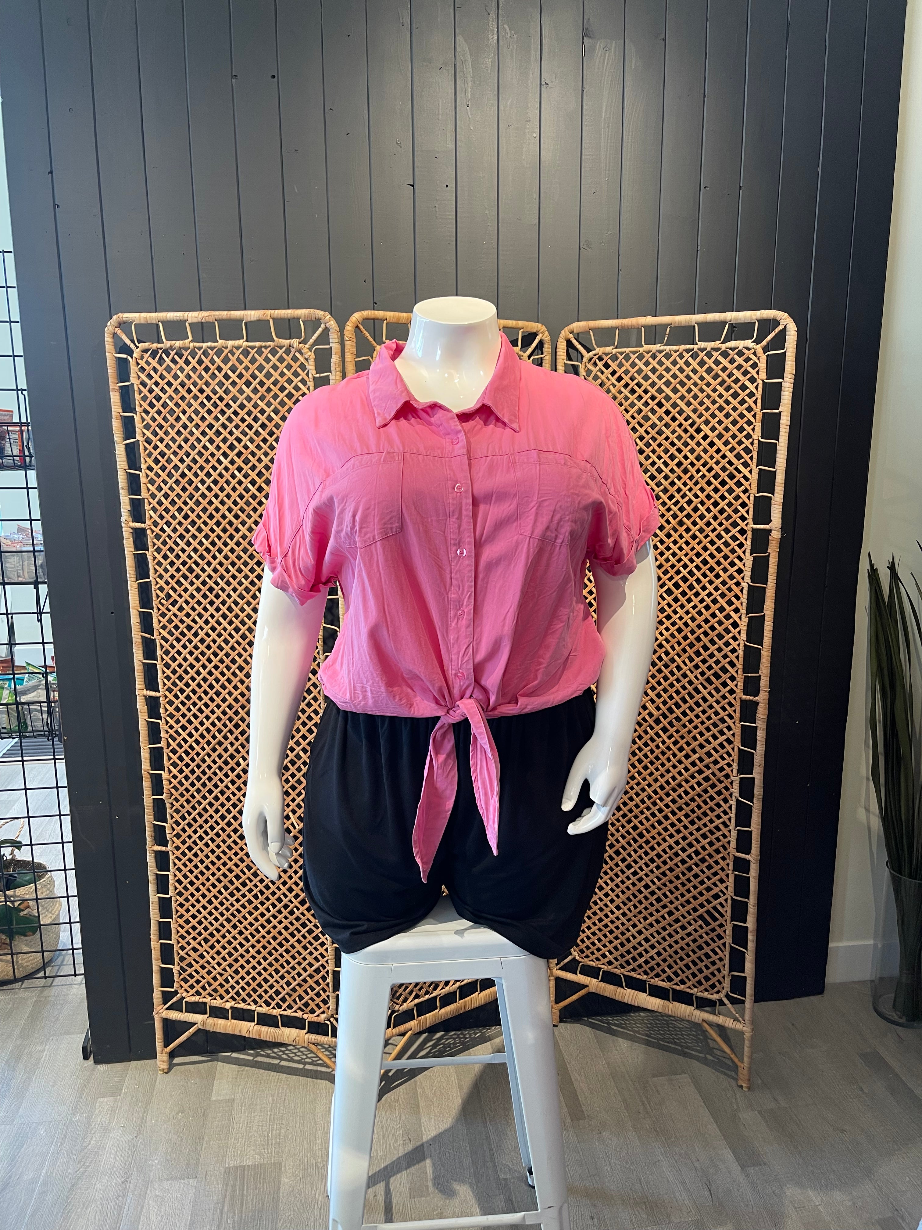 Pink Button-Up Blouse w/ Tie Detail